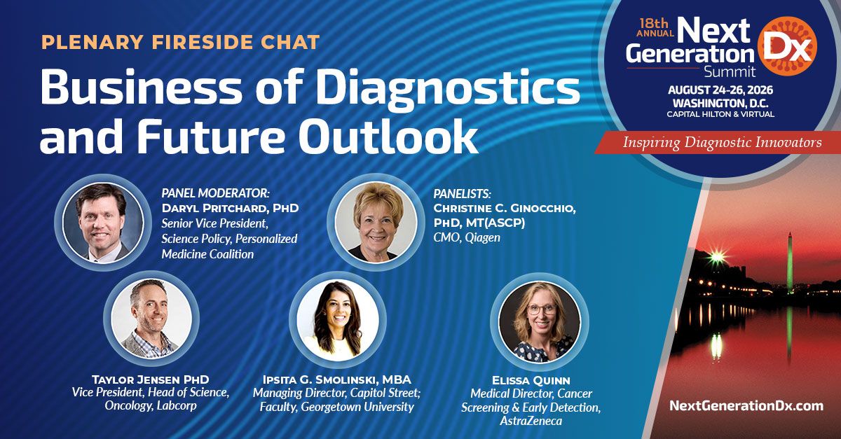 Slide showing the Next Generation DX Summit logo and the individuals participating in the Business of Diagnostics and Future Outlook panel